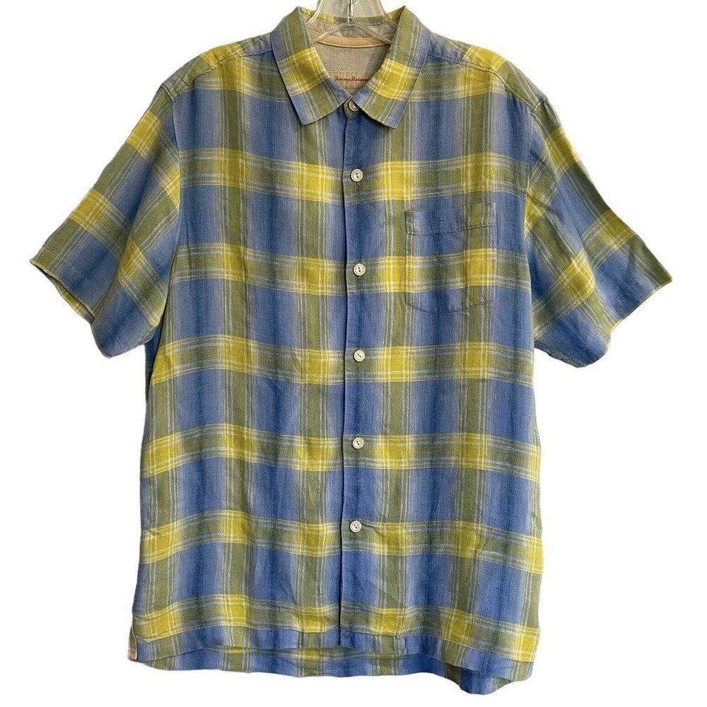 Tommy Bahama Shirt Mens Small Plaid Linen Button Up Boue Yellow Hawaiian…